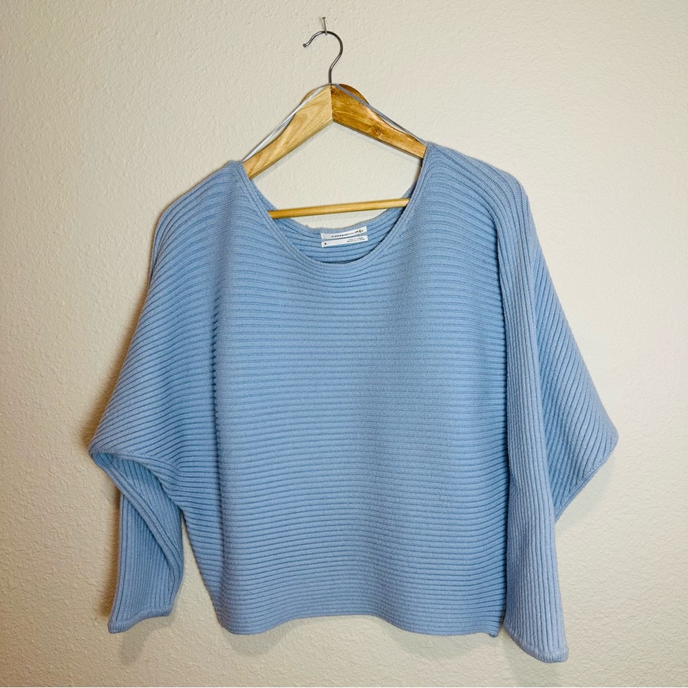 Anthropologie Women's Asymmetrical Cropped Pull-over Sweater Ribbed Knit Blue
